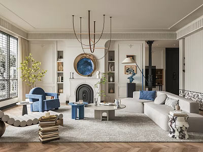 Elegant Living Room Interior With Chandelier Fireplace Round Mirror Sofa Blue Armchair And Rug 3d model