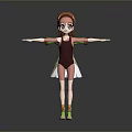 3D Model Girl With Brown Hair In Green And White Dress Arms Outstretched