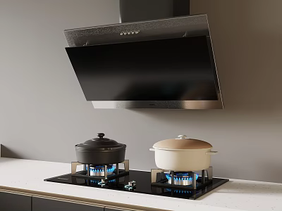 Kitchen Appliances Featuring Range Hood Gas Stove With Blue Flames Pots On White Countertop 3d model