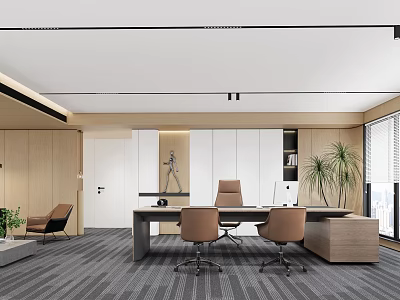 Modern Office Interior Design With Desk Chairs Plant And Cabinets 3d model