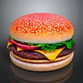 Sesame Bun Burger with Fresh Lettuce Tomato Slice Melted Cheese and Patty on Black Background