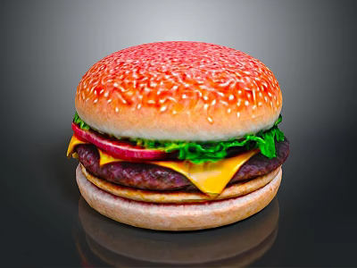 Sesame Bun Burger with Fresh Lettuce Tomato Slice Melted Cheese and Patty on Black Background 3d model