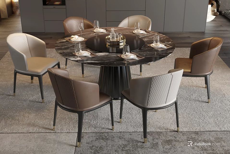 Modern Round Dining Table Set With Marble Top Metal Base Beige Brown Chairs And Tableware 3d model 