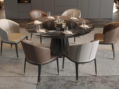 Modern Round Dining Table Set With Marble Top Metal Base Beige Brown Chairs And Tableware 3d model