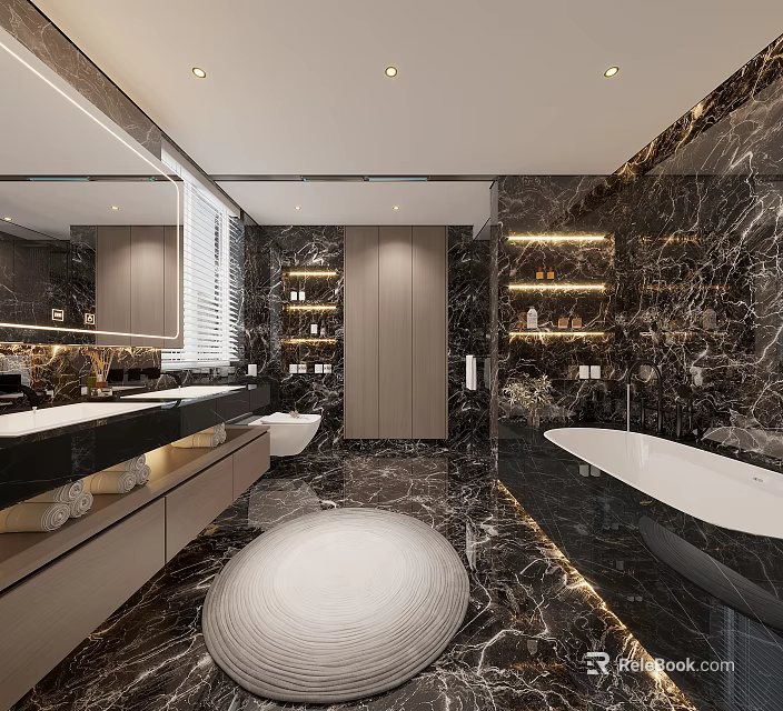 Luxurious Modern Bathroom Interior With Marble Walls Double Vanity Bathtub Large Mirror And Warm Lighting 3d model 