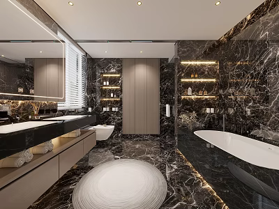 Luxurious Modern Bathroom Interior With Marble Walls Double Vanity Bathtub Large Mirror And Warm Lighting 3d model