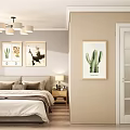 Modern Bedroom Interior With Large Windows Curtains Comfortable Bed Nightstands And Wall Paintings