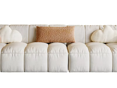 White Multi Person Sofa With Cloud Shaped Cushions And Brown Decorative Pillow 3d model