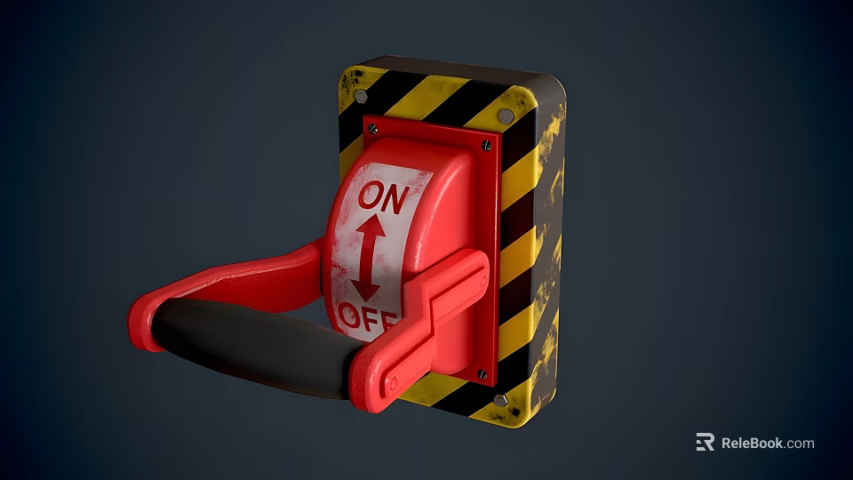 Red Wall Mounted Electric Switch With ON OFF Label And Yellow Black Warning Stripes 3d model 