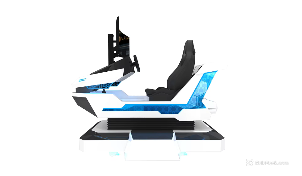 Modern Racing Simulator With Black Seat Steering Wheel And Blue Accents 3d model 