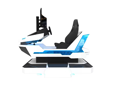 Modern Racing Simulator With Black Seat Steering Wheel And Blue Accents 3d model