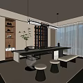 Modern Tea Room Interior Design With Long Tea Table Round Stools And Decorative Plants 3d model