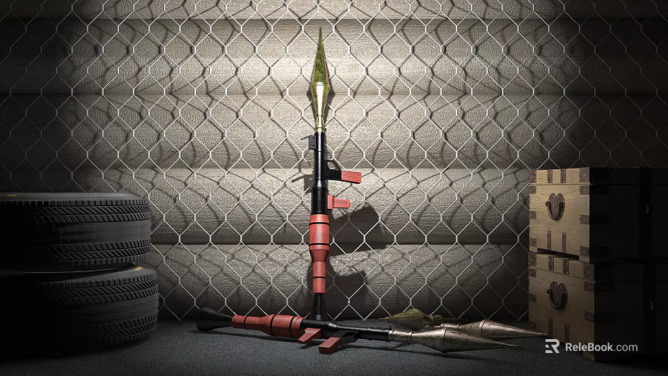 Spear Weapon Displayed Near Metal Mesh Background With Stacked Tire And Wooden Crate 3d model 