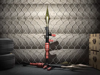Spear Weapon Displayed Near Metal Mesh Background With Stacked Tire And Wooden Crate 3d model