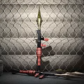 Spear Weapon Displayed Near Metal Mesh Background With Stacked Tire And Wooden Crate