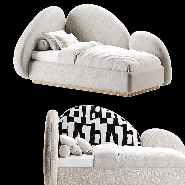 Beige Cloud Shaped Double Bed With White Bedding And Black White Geometric Headboard 3d model 