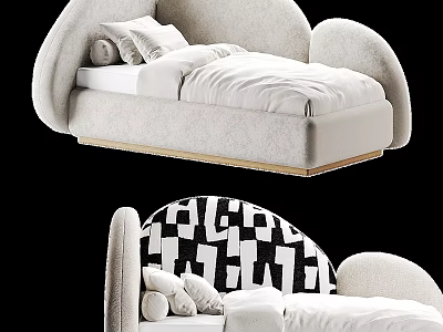 Beige Cloud Shaped Double Bed With White Bedding And Black White Geometric Headboard 3d model