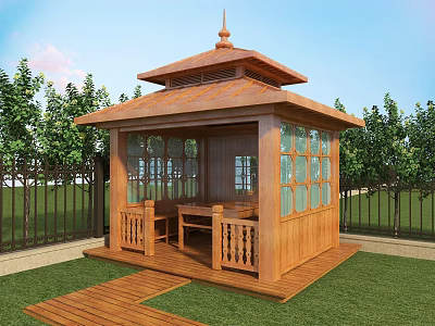 Wooden Gazebo Outdoor Garden Structure with Glass Windows Lawn Trees and Fence 3d model