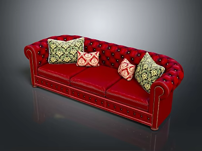 Red Leather Tufted Three Seater Sofa With Patterned Decorative Pillows And Classic Design 3d model