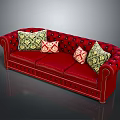 Red Leather Tufted Three Seater Sofa With Patterned Decorative Pillows And Classic Design