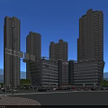 Tall Modern Residential Buildings with Central Commercial Complex Road Vehicles Green Trees and Blue Sky
