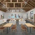 Modern Retail Shop Interior With Wooden Beam Ceiling White Display Counters Shelves And Hanging Lights