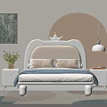 White Children's Bed With Crown Shaped Headboard Bedside Tables Wall Painting And Hanging Lamp