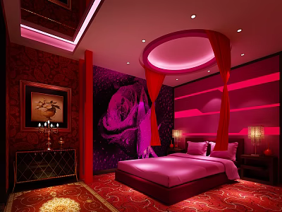 Elegant Hotel Room Interior With Pink Bed Red Curtains Circular Ceiling And Purple Mural 3d model