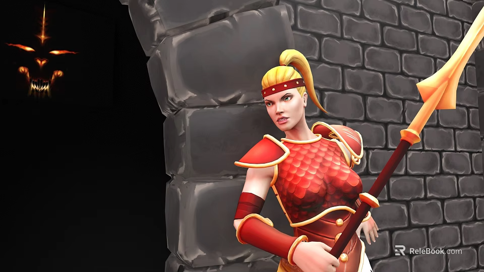 Female Warrior In Red Scale Armor With Golden Hair And Staff Standing By Stone Wall 3d model 