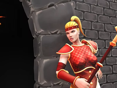 Female Warrior In Red Scale Armor With Golden Hair And Staff Standing By Stone Wall 3d model