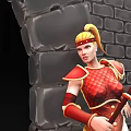 Female Warrior In Red Scale Armor With Golden Hair And Staff Standing By Stone Wall