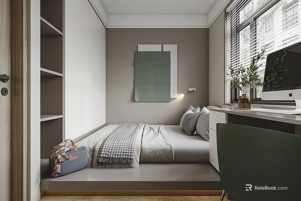 Tatami Bedroom With Cozy Bed Storage Shelf Desk Chair Window And Green Plant 3d model 