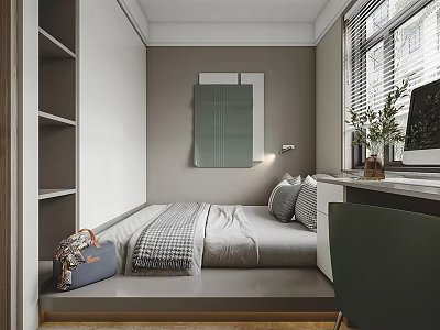 Tatami Bedroom With Cozy Bed Storage Shelf Desk Chair Window And Green Plant 3d model