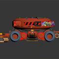 Detailed Red Robotic Vehicle Featuring Blue Wheels And Mechanical Components 3d model