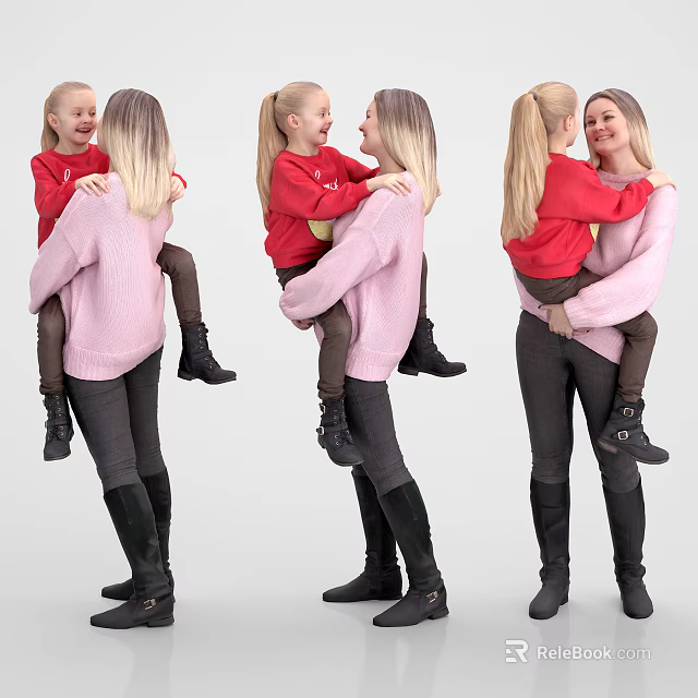 Mother and Daughter Hugging in Pink Sweater and Red Top Casual Outfits 3d model 