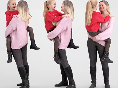 Mother and Daughter Hugging in Pink Sweater and Red Top Casual Outfits 3d model