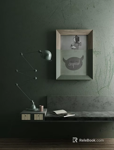 Vintage Green Table Lamp With Wooden Base Near Framed Girl Portrait And Candle On Desk 3d model 