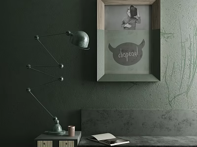 Vintage Green Table Lamp With Wooden Base Near Framed Girl Portrait And Candle On Desk 3d model