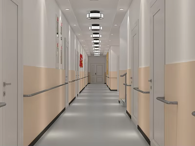 Hospital Corridor Interior With Handrails Lighting Fixtures Smooth Floor And Doors 3d model