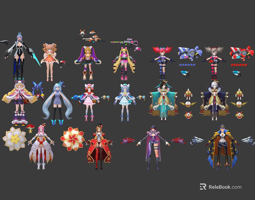 Game And Movie Characters With Colorful Costumes Diverse Hairstyles And Unique Weapons 3d model 