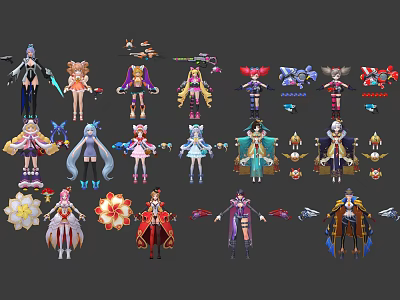 Game And Movie Characters With Colorful Costumes Diverse Hairstyles And Unique Weapons 3d model