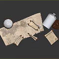 Ancient Scrolls and Antique Map Displayed with Glass Dome and Wooden Container