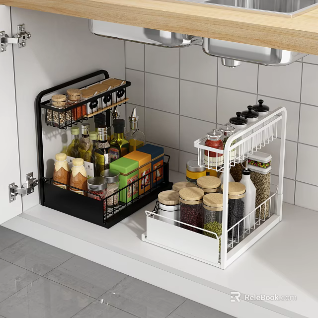 Black and White Kitchen Cabinet Organizers for Spice Bottles and Jars on Countertop 3d model 