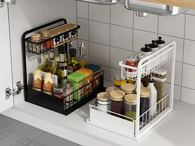 Black and White Kitchen Cabinet Organizers for Spice Bottles and Jars on Countertop 3d model