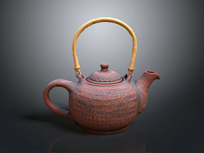 Reddish Brown Teapot With Woven Texture Bamboo Handle Round Lid And Curved Spout 3d model