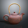 Reddish Brown Teapot With Woven Texture Bamboo Handle Round Lid And Curved Spout