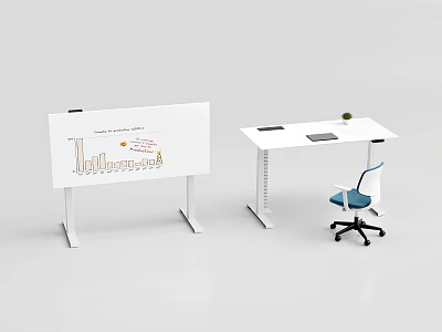 White Office Desk Setup With Blue Chair Laptop Small Plant And Whiteboard Charts 3d model