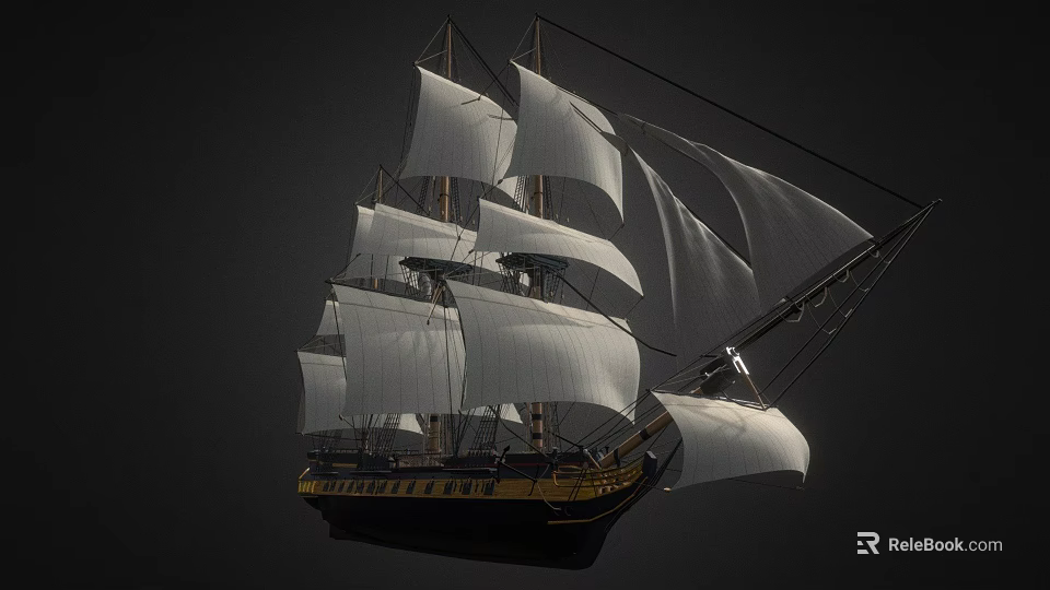 Historical Naval Weapon Sailing Ship With Multiple White Sails Black Hull And Cannon Ports 3d model 