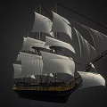 Historical Naval Weapon Sailing Ship With Multiple White Sails Black Hull And Cannon Ports