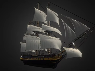 Historical Naval Weapon Sailing Ship With Multiple White Sails Black Hull And Cannon Ports 3d model